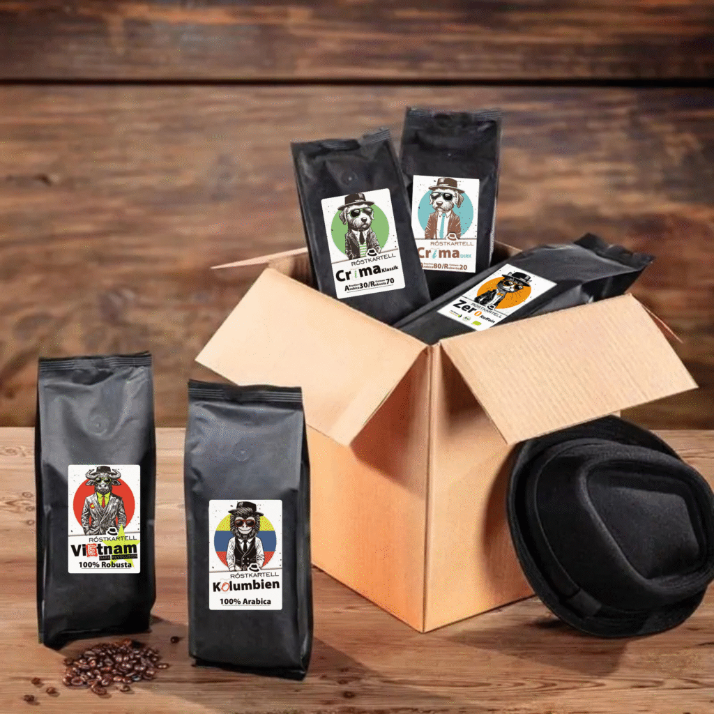Röstkaffee-Mixkarton mit verschiedenen Kaffeesorten. Probieren und sparen.